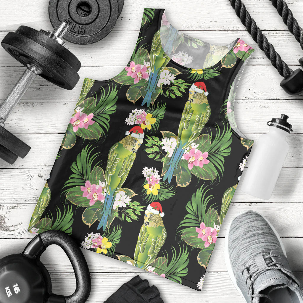 Aussie Santa Budgie Christmas Men Tank Top Black Parakeet Tropical Floral