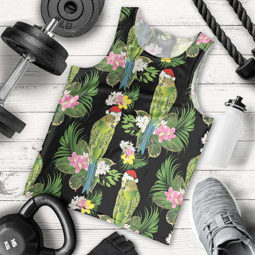 Aussie Santa Budgie Christmas Men Tank Top Black Parakeet Tropical Floral