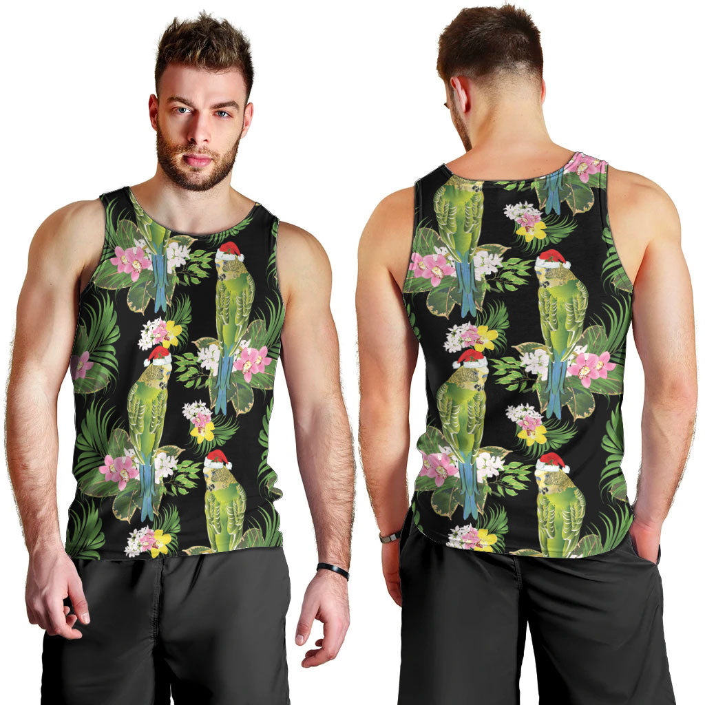Aussie Santa Budgie Christmas Men Tank Top Black Parakeet Tropical Floral