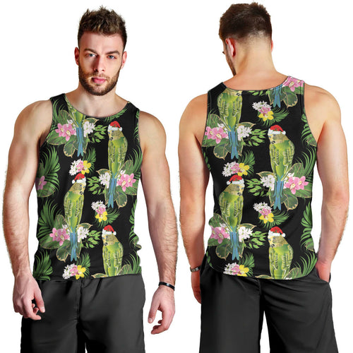 Aussie Santa Budgie Christmas Men Tank Top Black Parakeet Tropical Floral