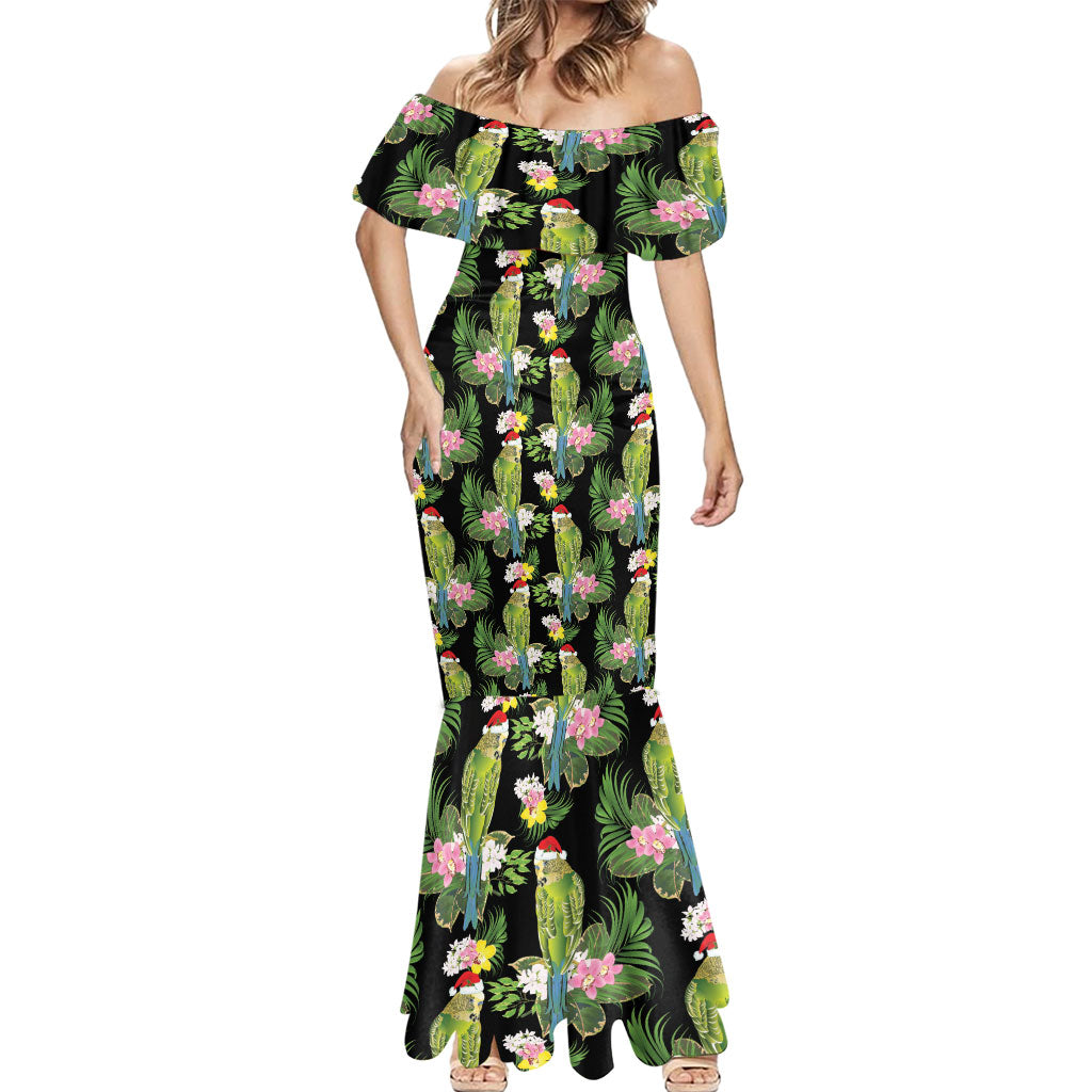 Aussie Santa Budgie Christmas Mermaid Dress Black Parakeet Tropical Floral