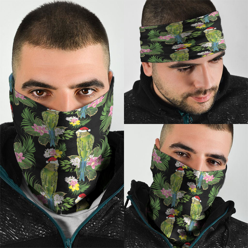 Aussie Santa Budgie Christmas Neck Gaiter Black Parakeet Tropical Floral