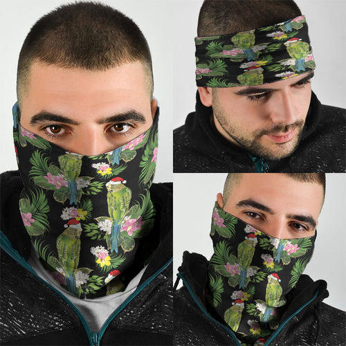 Aussie Santa Budgie Christmas Neck Gaiter Black Parakeet Tropical Floral