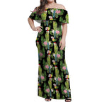 Aussie Santa Budgie Christmas Off Shoulder Maxi Dress Black Parakeet Tropical Floral