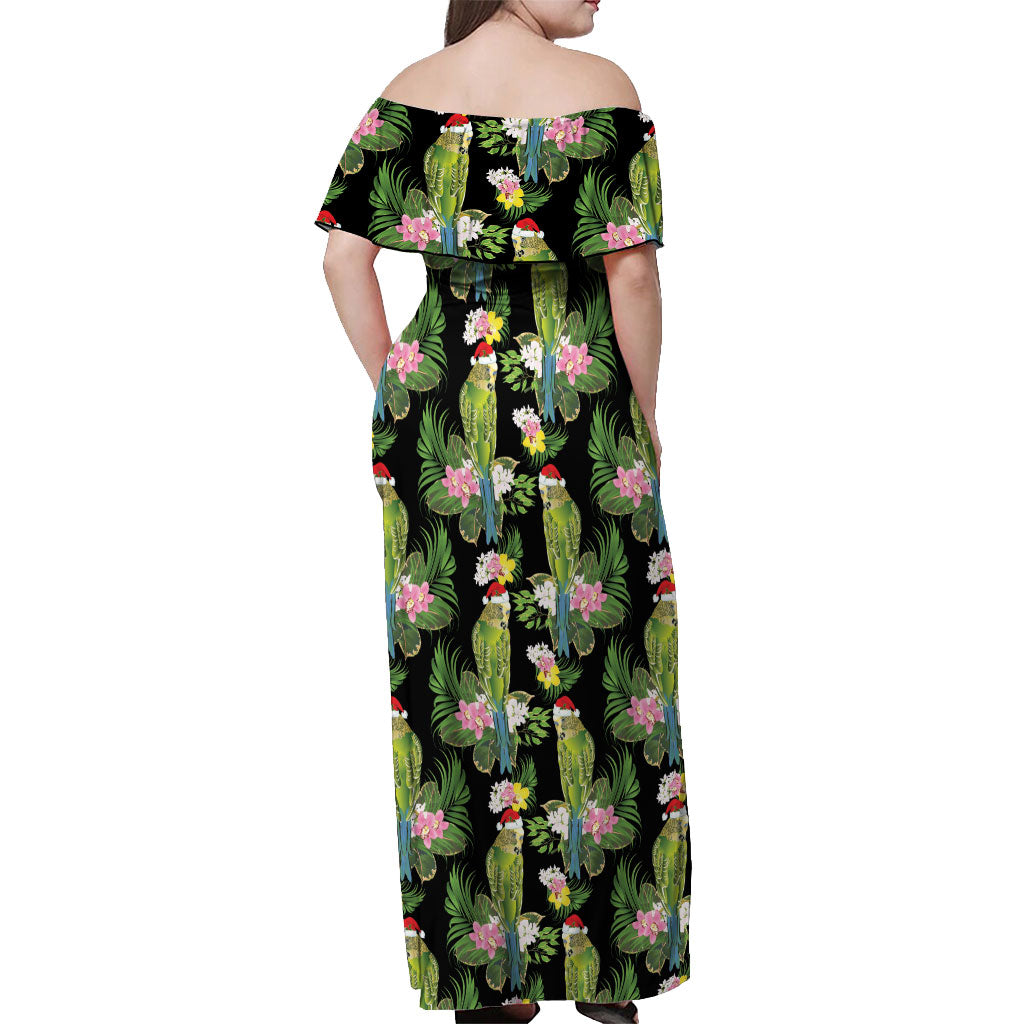 Aussie Santa Budgie Christmas Off Shoulder Maxi Dress Black Parakeet Tropical Floral