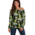 Aussie Santa Budgie Christmas Off Shoulder Sweater Black Parakeet Tropical Floral