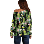 Aussie Santa Budgie Christmas Off Shoulder Sweater Black Parakeet Tropical Floral