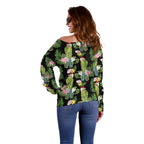 Aussie Santa Budgie Christmas Off Shoulder Sweater Black Parakeet Tropical Floral