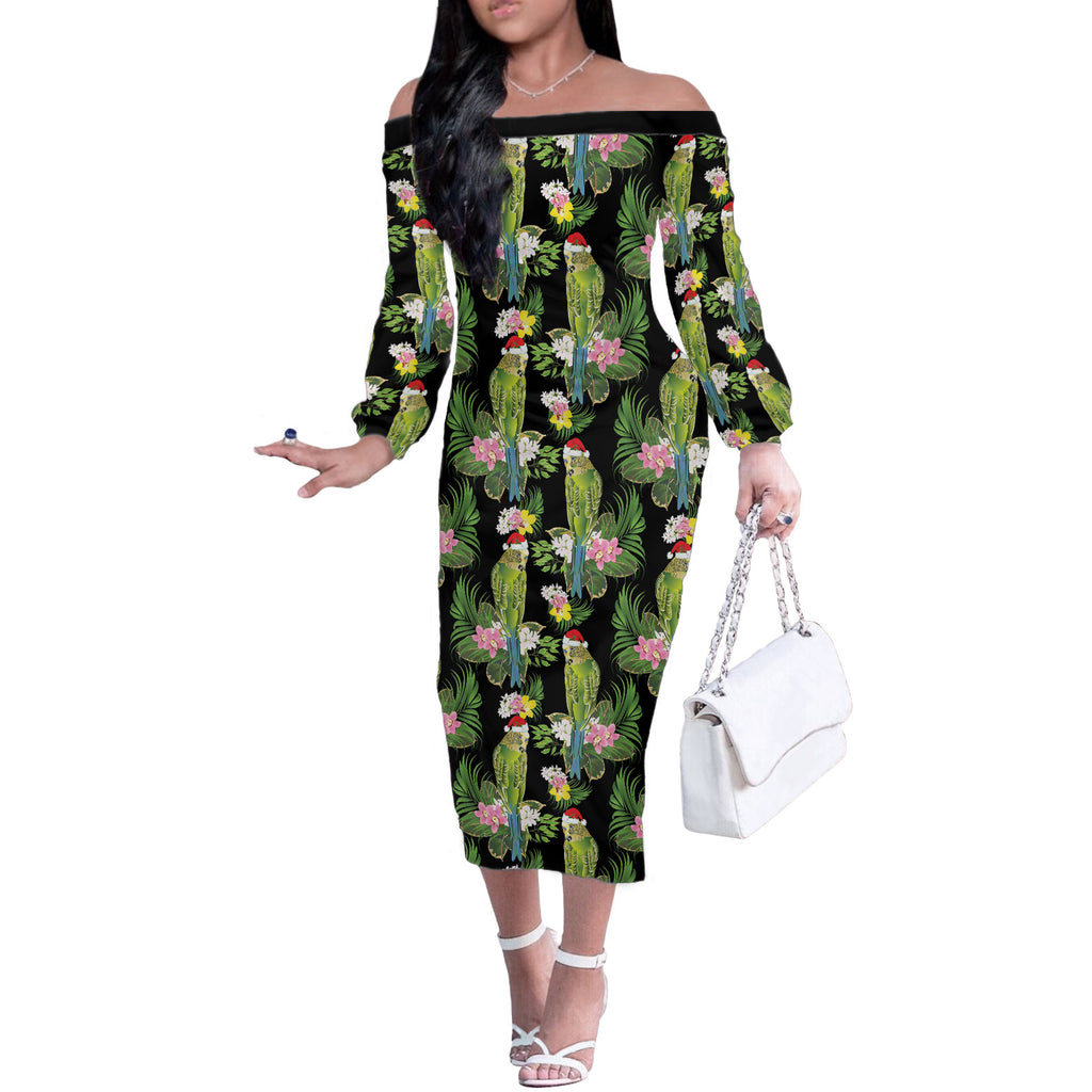 Aussie Santa Budgie Christmas Off The Shoulder Long Sleeve Dress Black Parakeet Tropical Floral