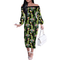 Aussie Santa Budgie Christmas Off The Shoulder Long Sleeve Dress Black Parakeet Tropical Floral