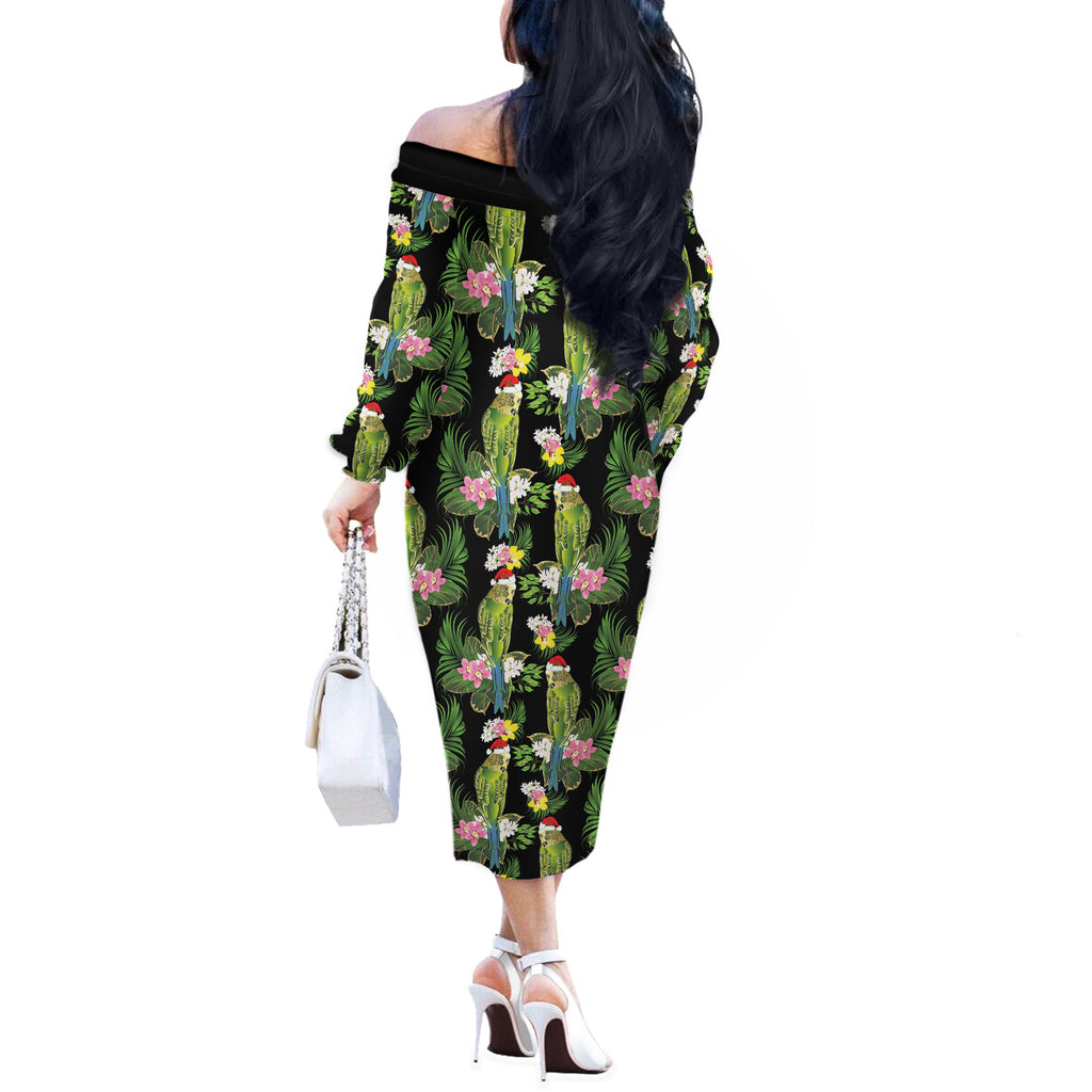 Aussie Santa Budgie Christmas Off The Shoulder Long Sleeve Dress Black Parakeet Tropical Floral