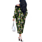 Aussie Santa Budgie Christmas Off The Shoulder Long Sleeve Dress Black Parakeet Tropical Floral