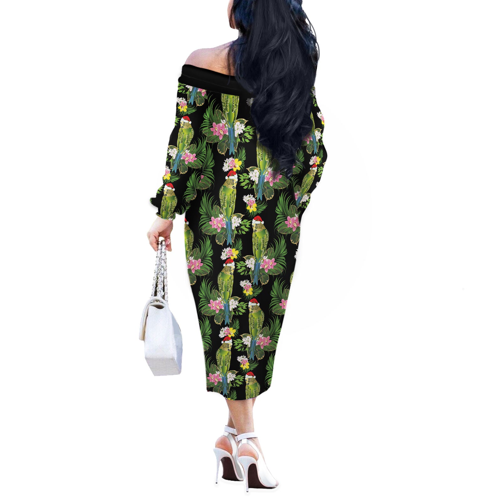 Aussie Santa Budgie Christmas Off The Shoulder Long Sleeve Dress Black Parakeet Tropical Floral
