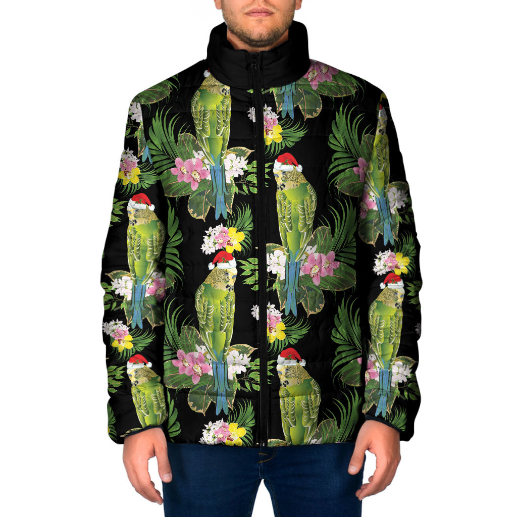Aussie Santa Budgie Christmas Padded Jacket Black Parakeet Tropical Floral