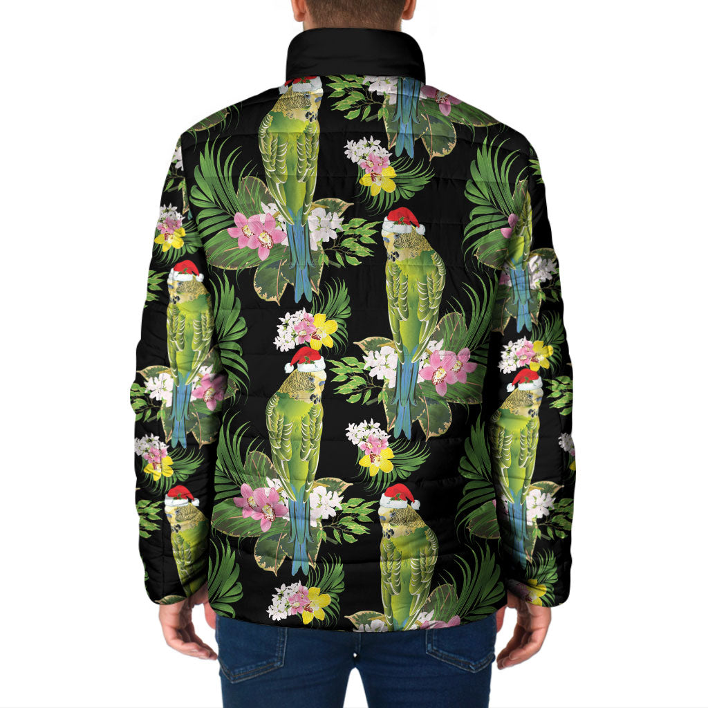 Aussie Santa Budgie Christmas Padded Jacket Black Parakeet Tropical Floral