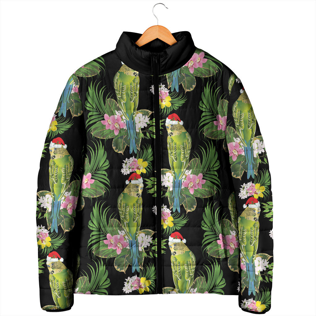 Aussie Santa Budgie Christmas Padded Jacket Black Parakeet Tropical Floral
