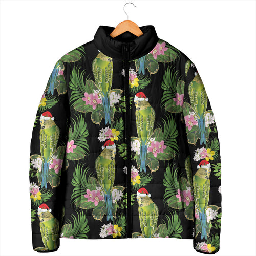 Aussie Santa Budgie Christmas Padded Jacket Black Parakeet Tropical Floral