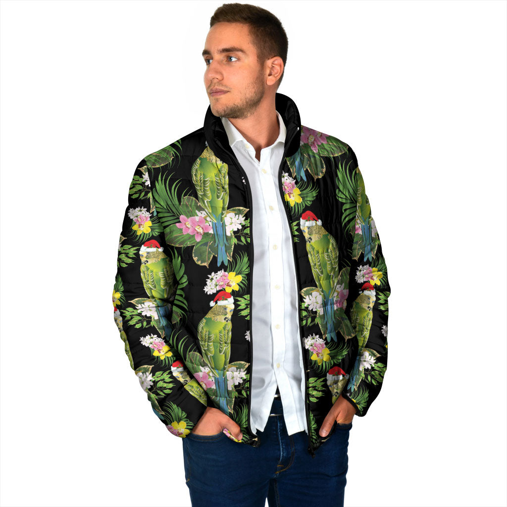 Aussie Santa Budgie Christmas Padded Jacket Black Parakeet Tropical Floral