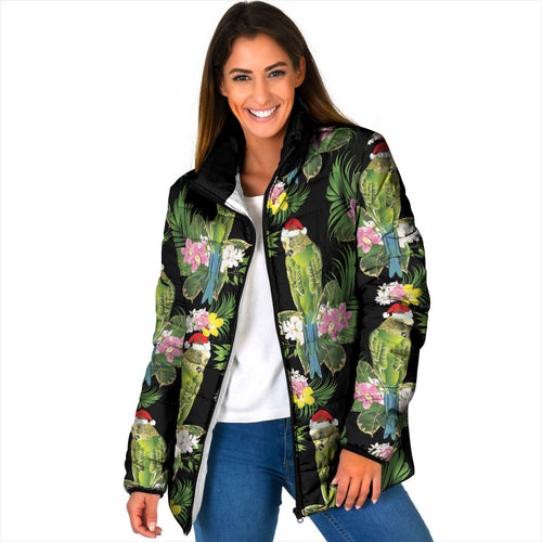 Aussie Santa Budgie Christmas Padded Jacket Black Parakeet Tropical Floral