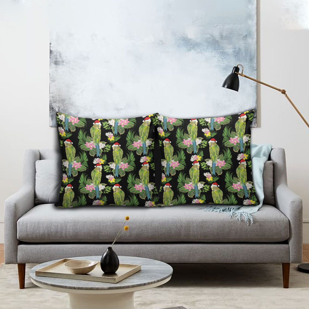 Aussie Santa Budgie Christmas Pillow Cover Black Parakeet Tropical Floral