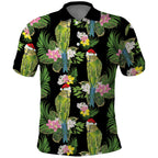 Aussie Santa Budgie Christmas Polo Shirt Black Parakeet Tropical Floral