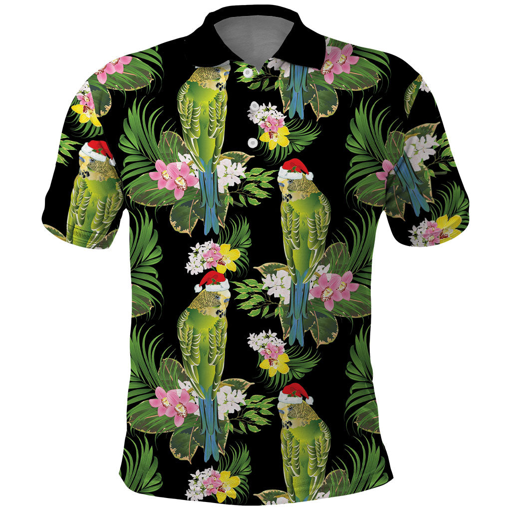 Aussie Santa Budgie Christmas Polo Shirt Black Parakeet Tropical Floral
