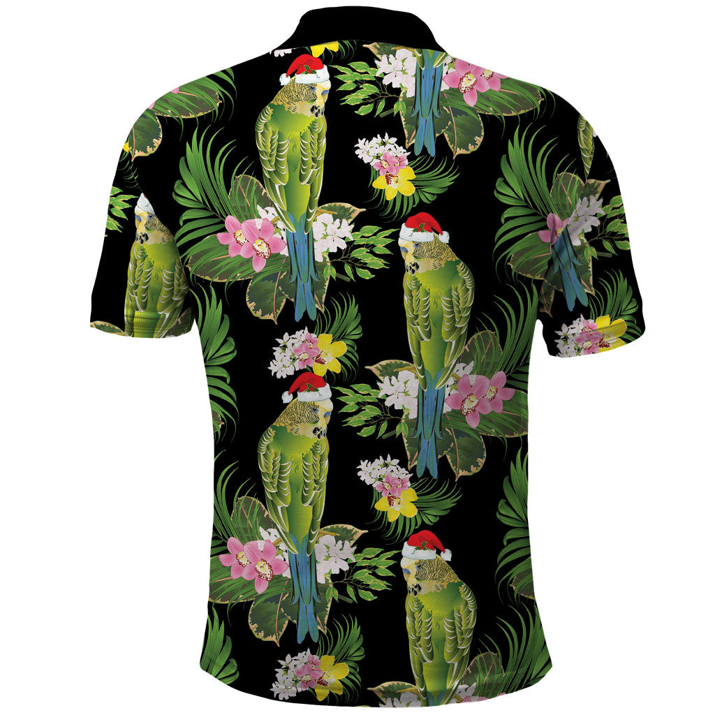 Aussie Santa Budgie Christmas Polo Shirt Black Parakeet Tropical Floral