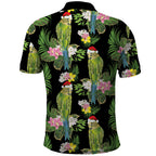Aussie Santa Budgie Christmas Polo Shirt Black Parakeet Tropical Floral