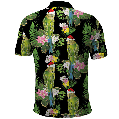 Aussie Santa Budgie Christmas Polo Shirt Black Parakeet Tropical Floral