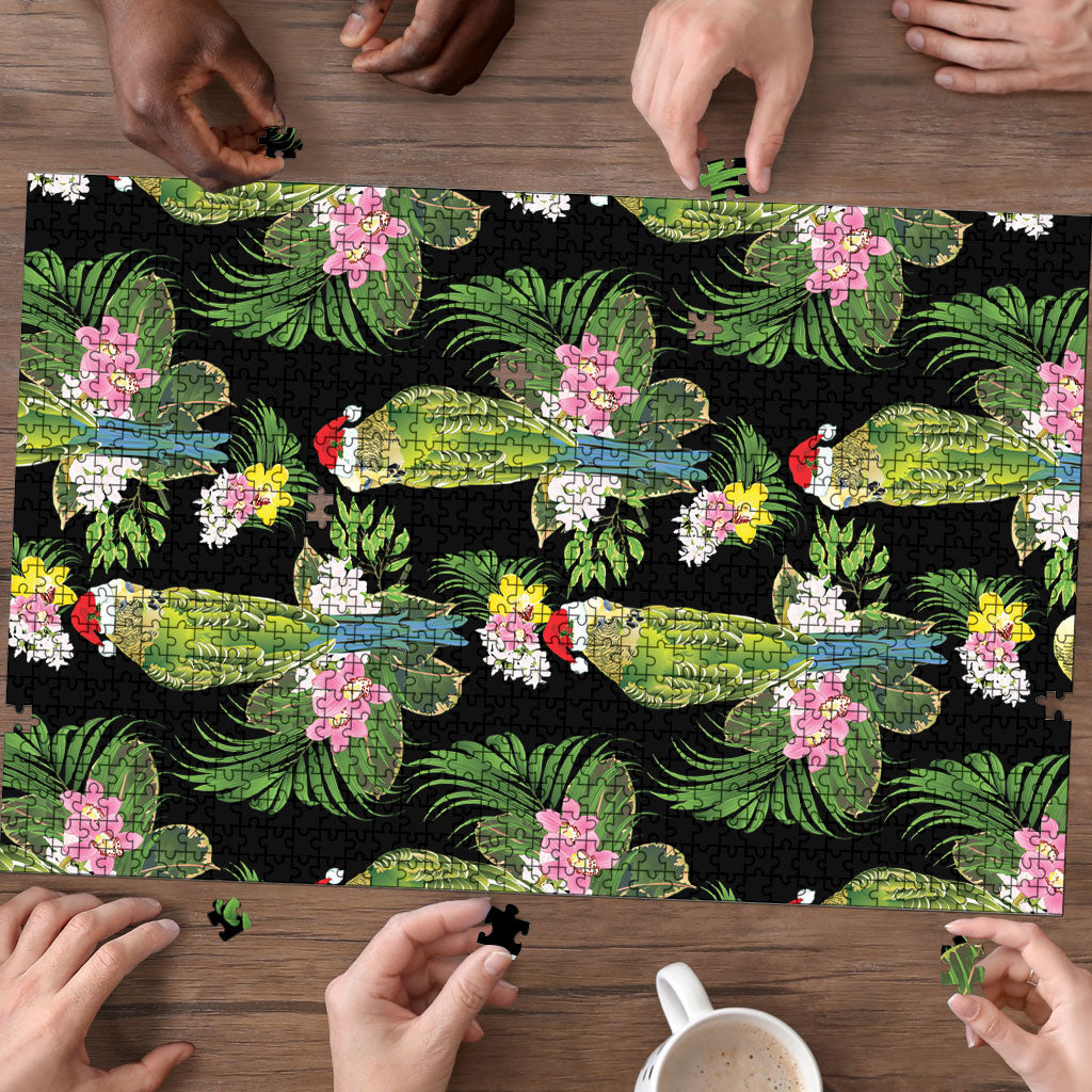 Aussie Santa Budgie Christmas Puzzle Black Parakeet Tropical Floral