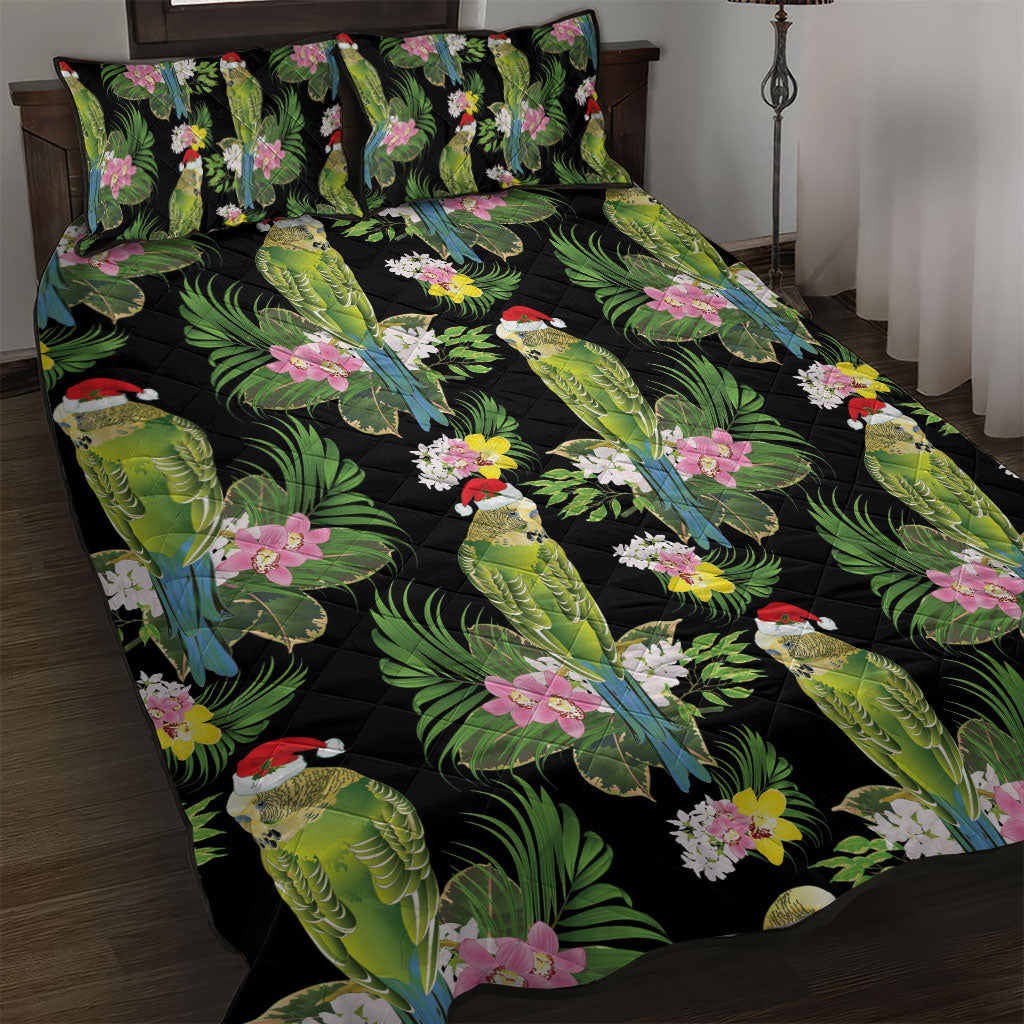 Aussie Santa Budgie Christmas Quilt Bed Set Black Parakeet Tropical Floral