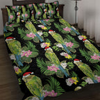 Aussie Santa Budgie Christmas Quilt Bed Set Black Parakeet Tropical Floral