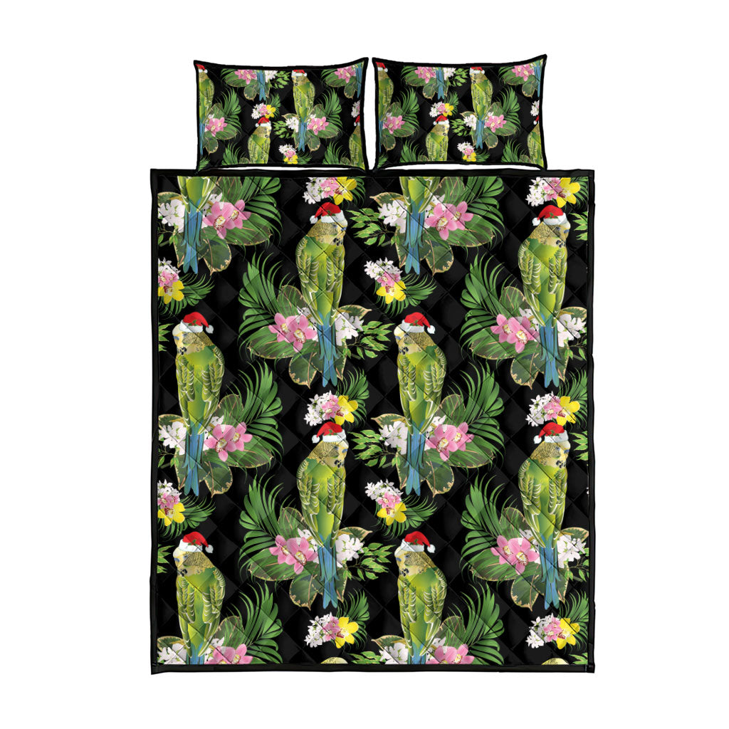 Aussie Santa Budgie Christmas Quilt Bed Set Black Parakeet Tropical Floral