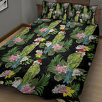 Aussie Santa Budgie Christmas Quilt Bed Set Black Parakeet Tropical Floral