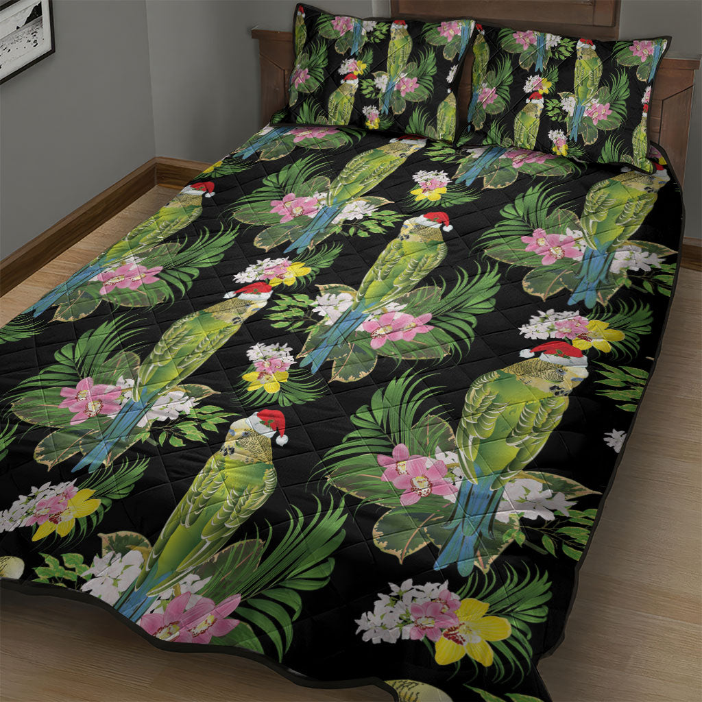 Aussie Santa Budgie Christmas Quilt Bed Set Black Parakeet Tropical Floral