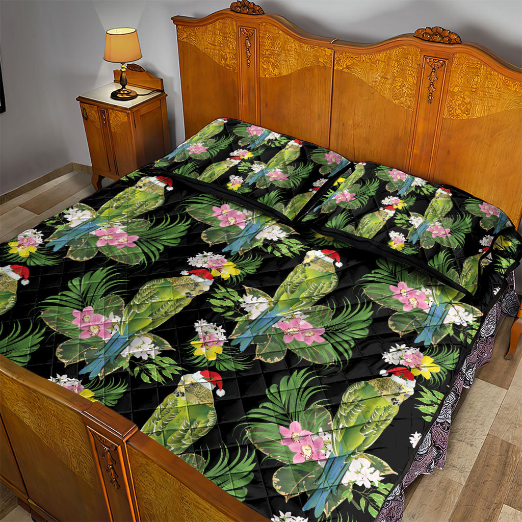 Aussie Santa Budgie Christmas Quilt Bed Set Black Parakeet Tropical Floral
