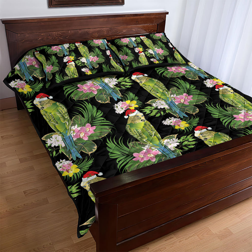 Aussie Santa Budgie Christmas Quilt Bed Set Black Parakeet Tropical Floral