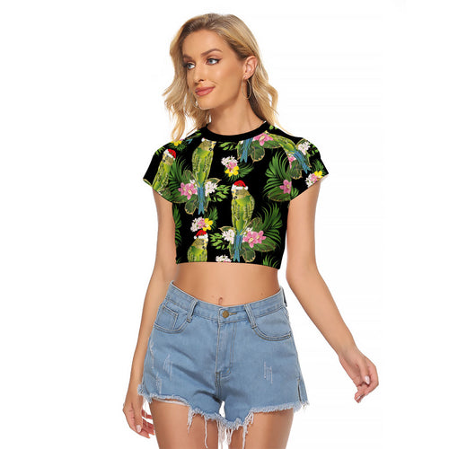 Aussie Santa Budgie Christmas Raglan Cropped T Shirt Black Parakeet Tropical Floral