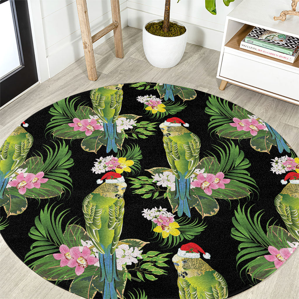 Aussie Santa Budgie Christmas Round Carpet Black Parakeet Tropical Floral