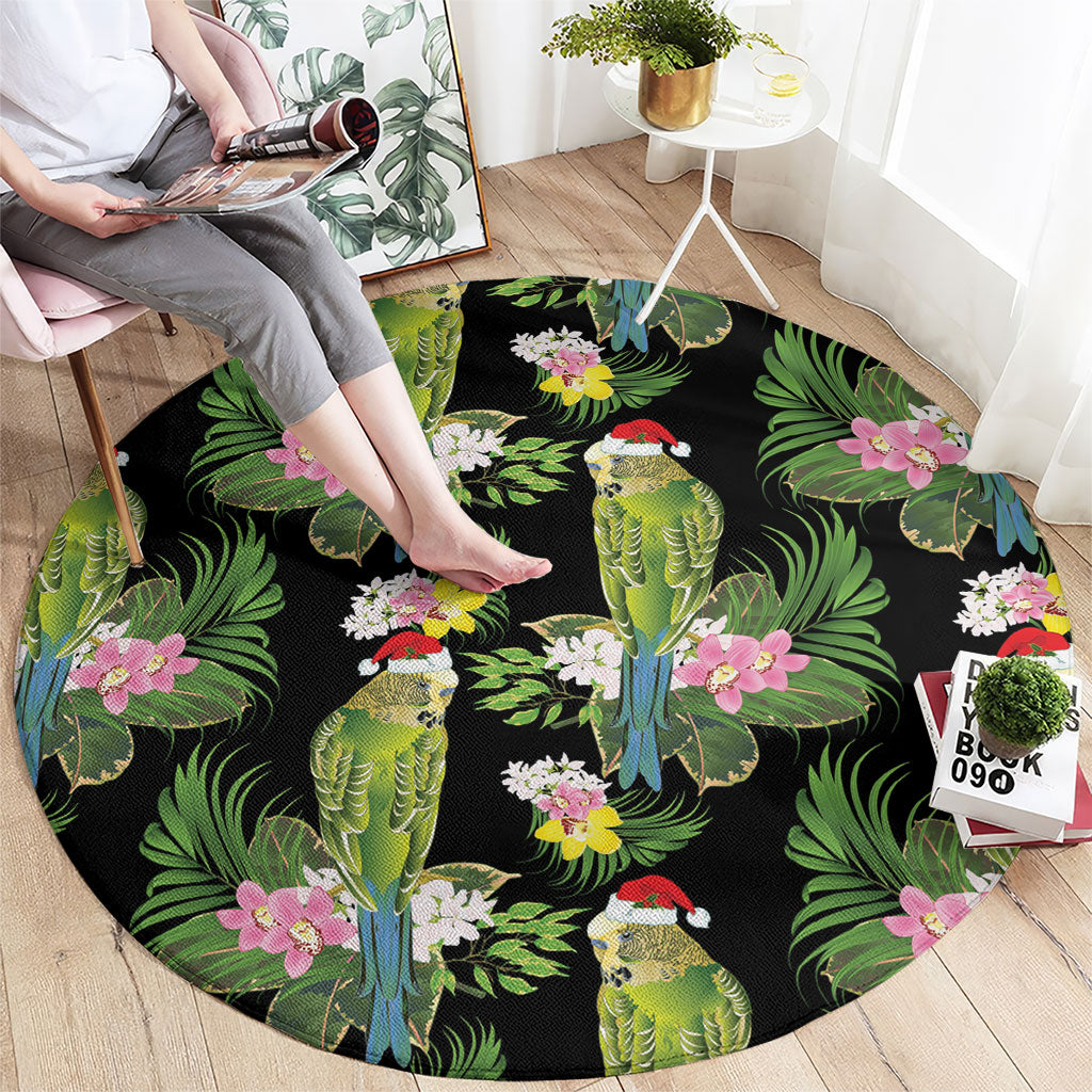 Aussie Santa Budgie Christmas Round Carpet Black Parakeet Tropical Floral