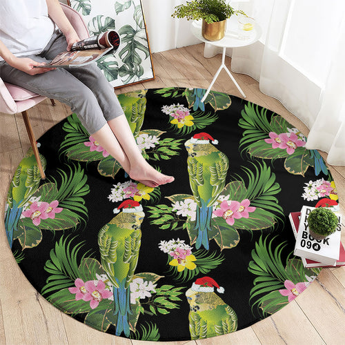 Aussie Santa Budgie Christmas Round Carpet Black Parakeet Tropical Floral
