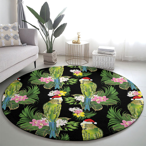 Aussie Santa Budgie Christmas Round Carpet Black Parakeet Tropical Floral