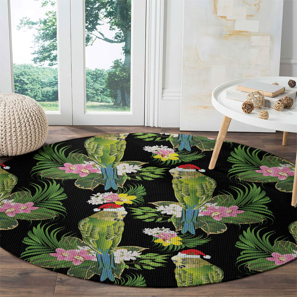 Aussie Santa Budgie Christmas Round Carpet Black Parakeet Tropical Floral