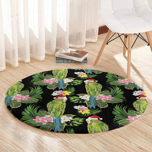 Aussie Santa Budgie Christmas Round Carpet Black Parakeet Tropical Floral