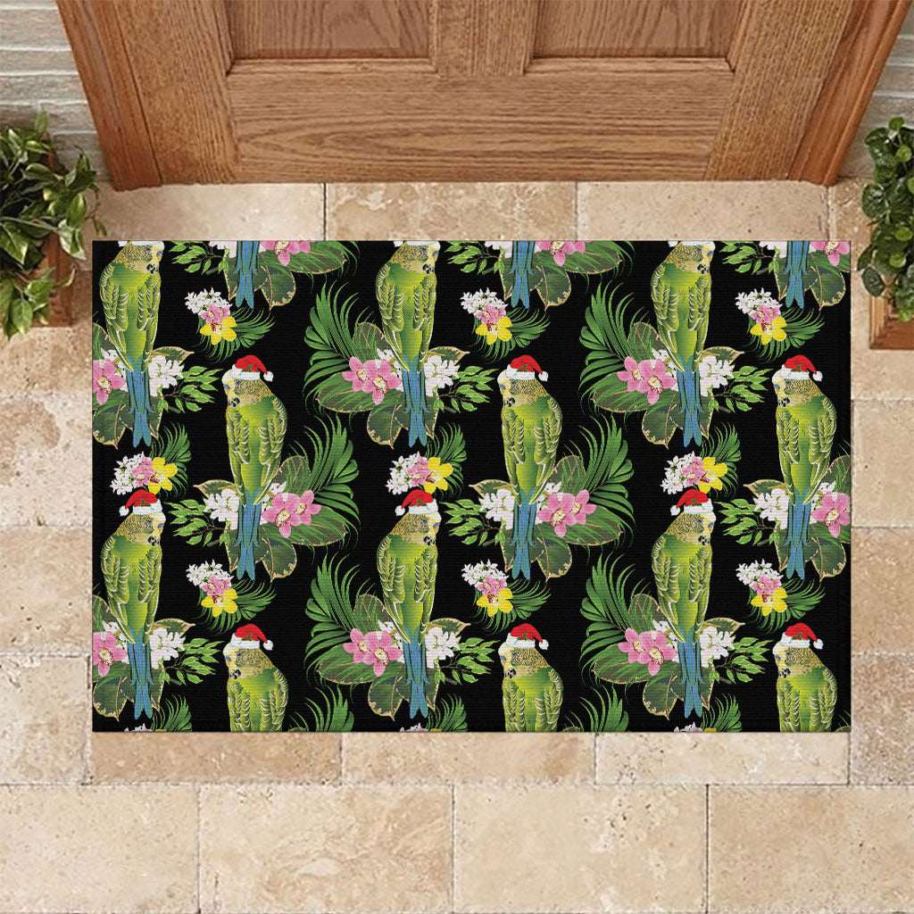 Aussie Santa Budgie Christmas Rubber Doormat Black Parakeet Tropical Floral