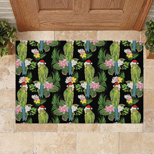 Aussie Santa Budgie Christmas Rubber Doormat Black Parakeet Tropical Floral