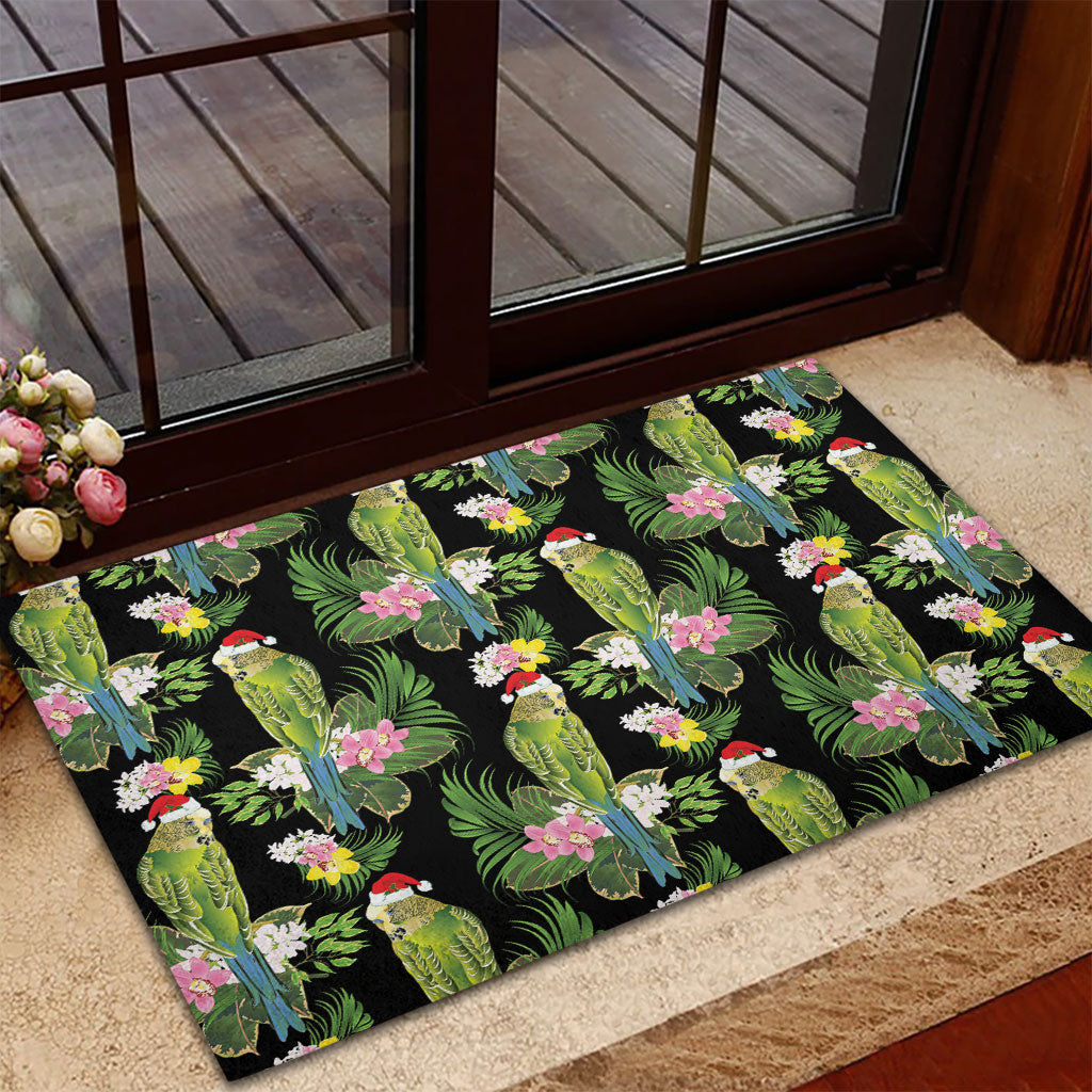 Aussie Santa Budgie Christmas Rubber Doormat Black Parakeet Tropical Floral