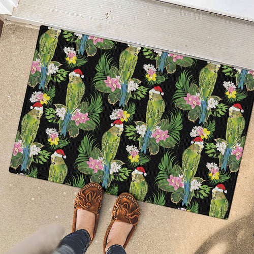 Aussie Santa Budgie Christmas Rubber Doormat Black Parakeet Tropical Floral