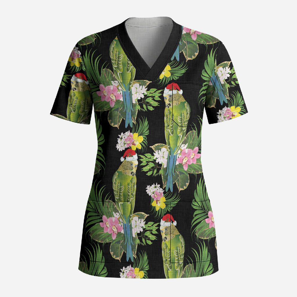 Aussie Santa Budgie Christmas Scrub Top Black Parakeet Tropical Floral