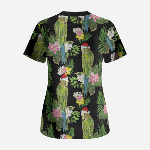 Aussie Santa Budgie Christmas Scrub Top Black Parakeet Tropical Floral